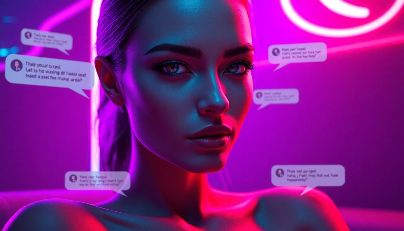 A digital artwork of a seductive AI chatbot interface with a female avatar in a neon-lit, cyberpunk setting.