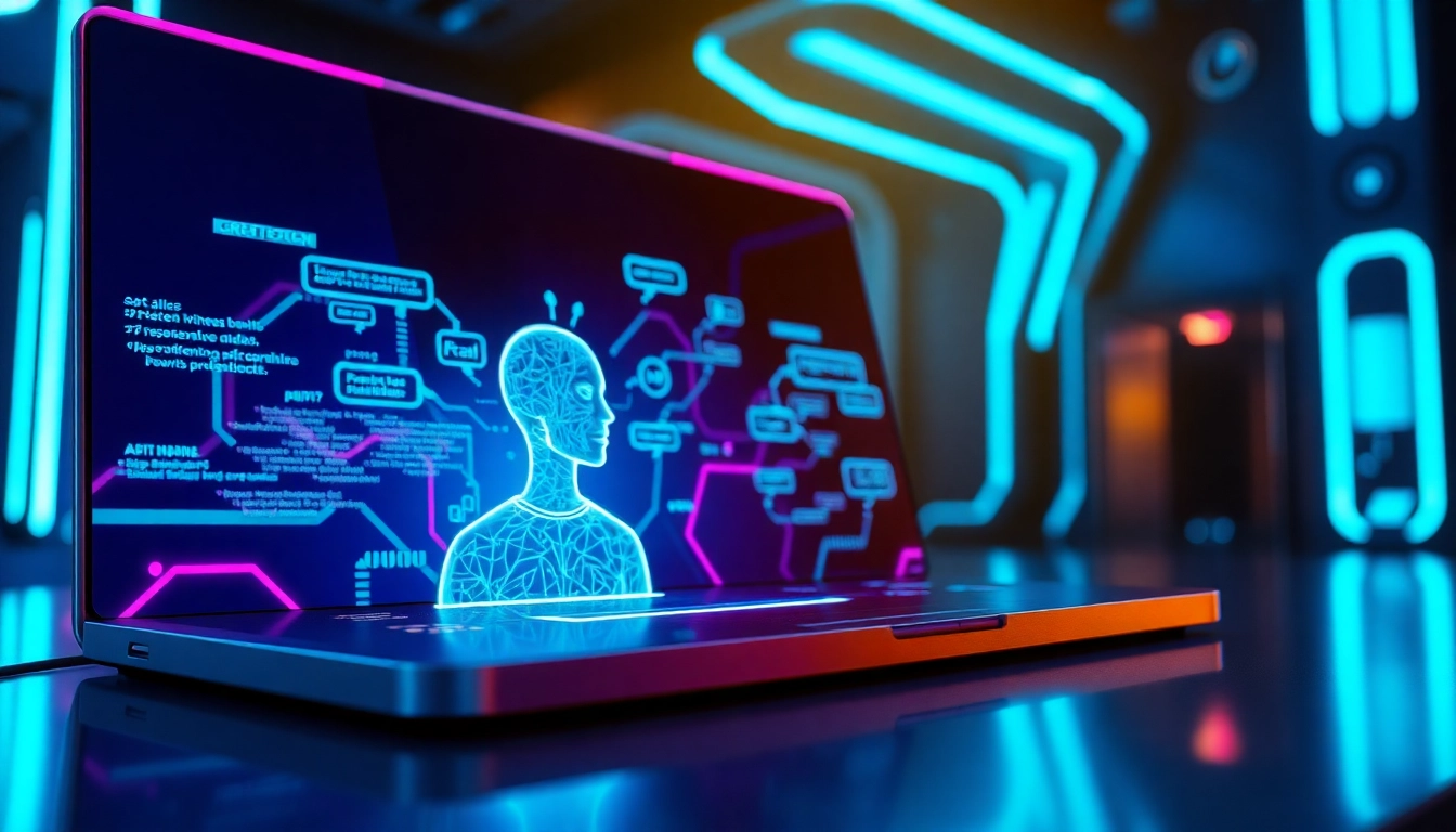 Futuristic AI chatbot interface with holographic avatar and glowing digital environment