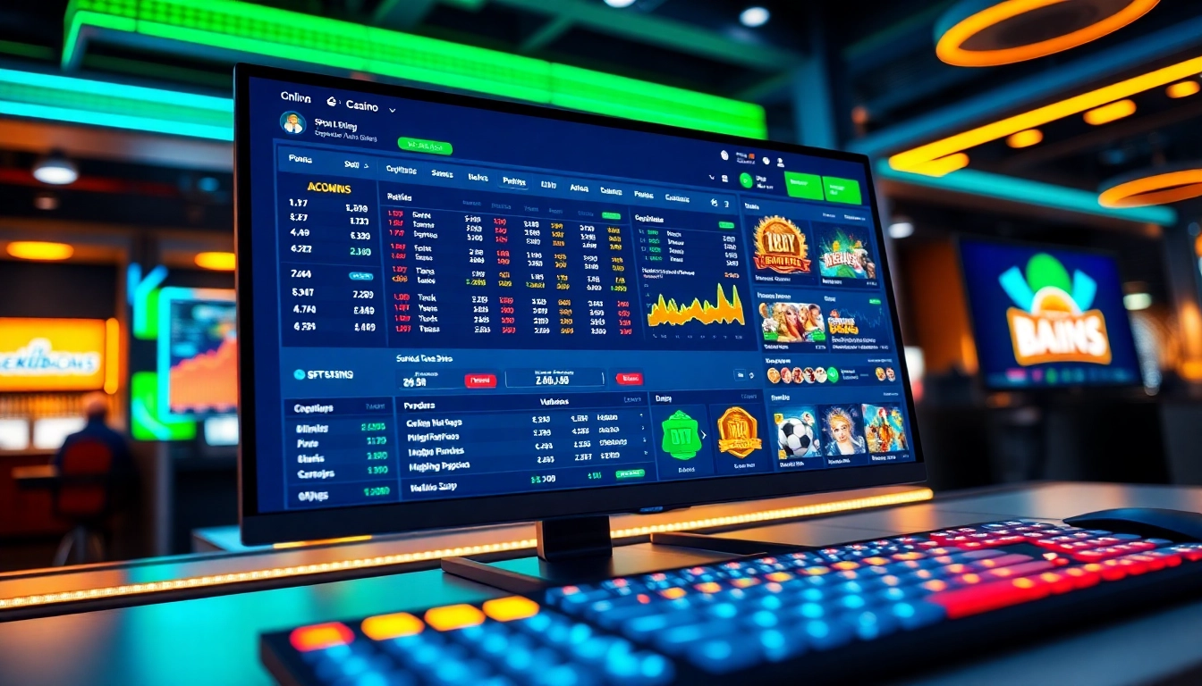 An online sportsbook and casino interface with betting odds and game icons on a computer screen, vibrant and modern design.