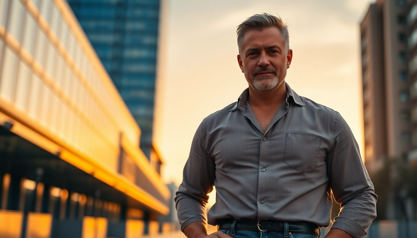 Attractive middle-aged man standing confidently in an urban setting during golden hour
