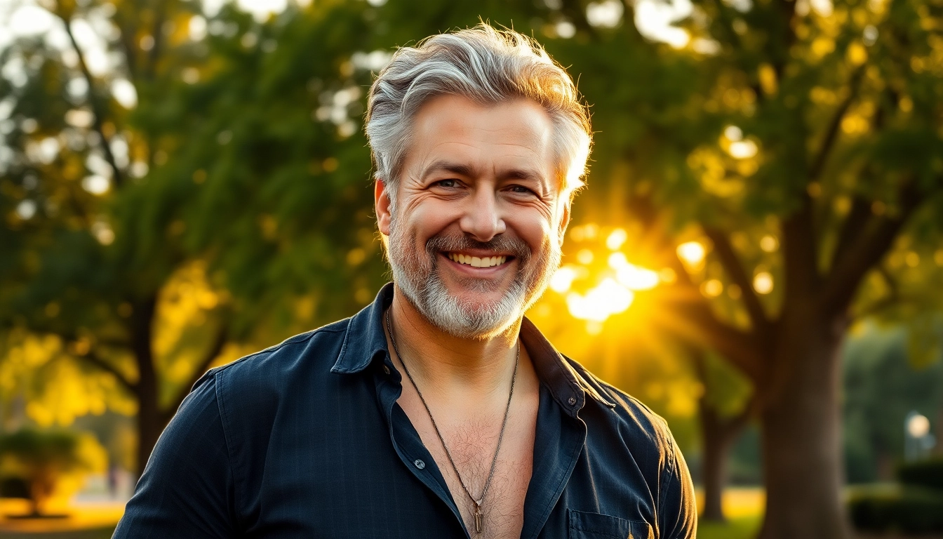An attractive older man with salt-and-pepper hair smiling outdoors in a park during golden hour.