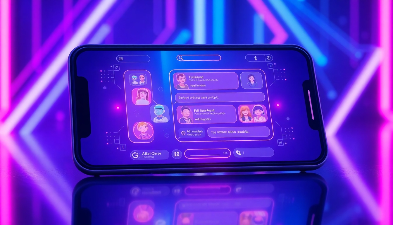 Futuristic AI chatbot interface on a sleek device with colorful, animated characters in a cyber environment.