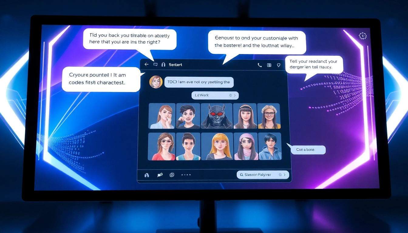 A futuristic digital platform interface showing customizable AI characters and chat features in a vibrant, high-tech environment.