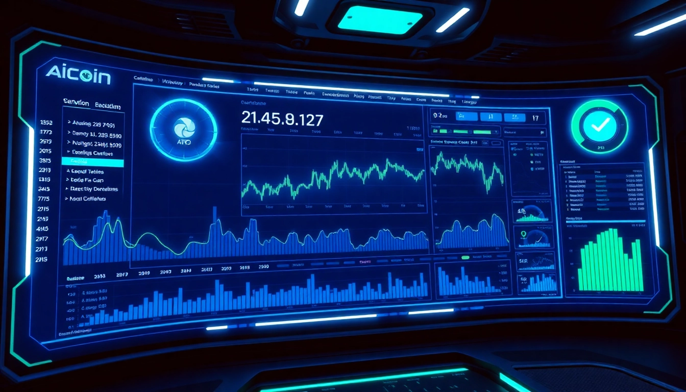 AiCoin logo displayed on a sleek digital dashboard showing real-time market charts and